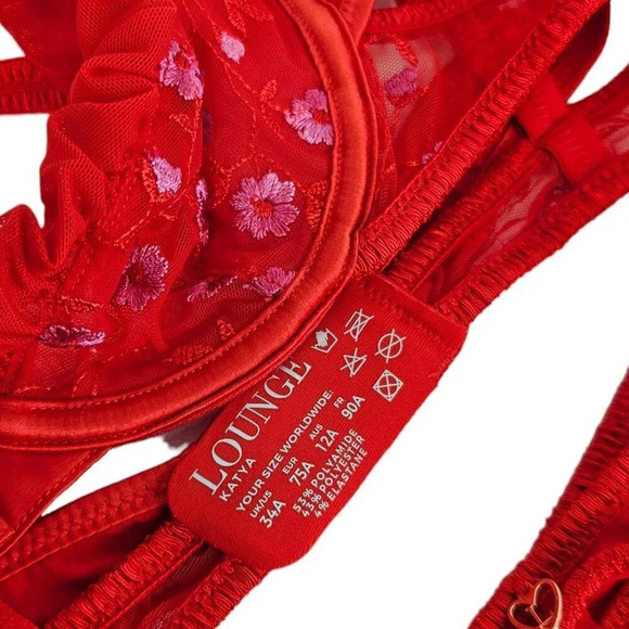 Lounge Katya Intimates Bra / Garter Set Size 34 A and M Garter Red Embroidered - Picture 8 of 13